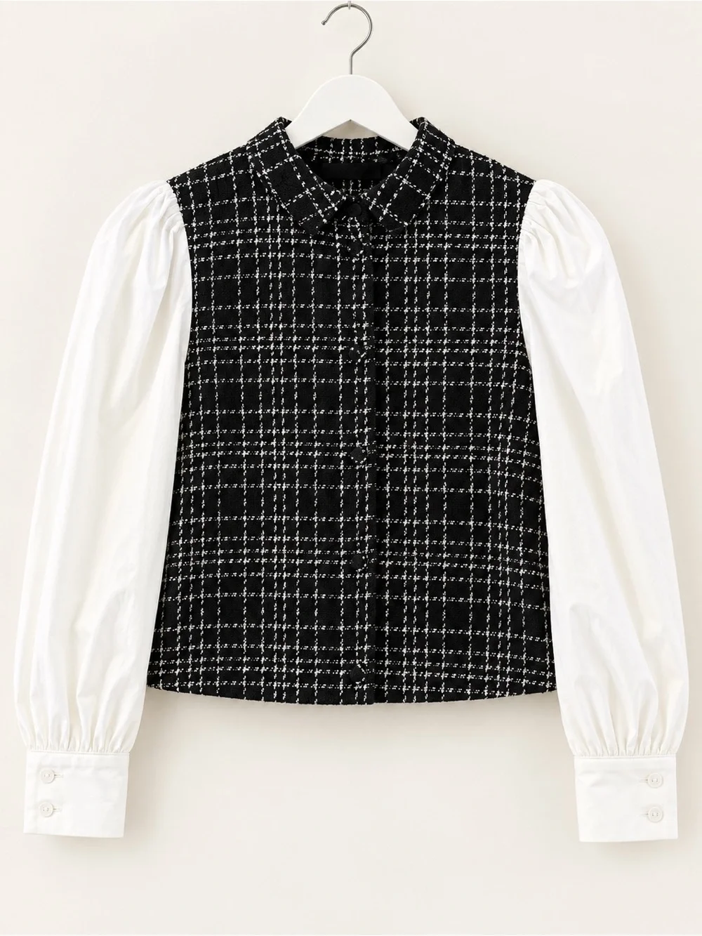 Zara Tweed Contrast Puff Sleeve Top Black White L NWT